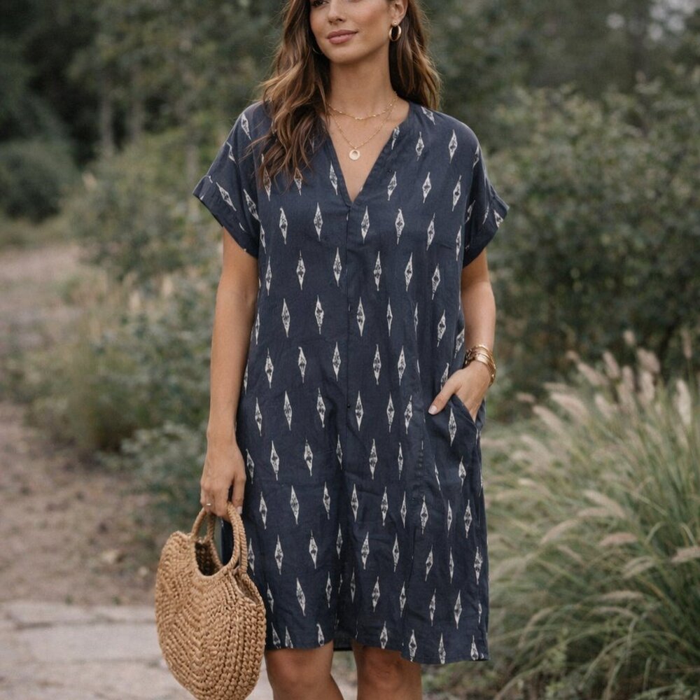 Firth Dress Large Pockets V Neck Cotton Lightweight Summer Dress Large Gray